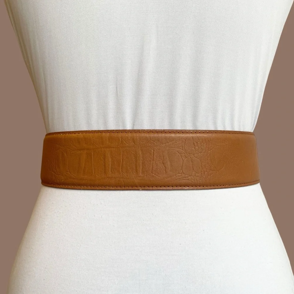Wide Leather Belt Vintage Brown Croc Embossed Oversized Square Buckle Size S/M